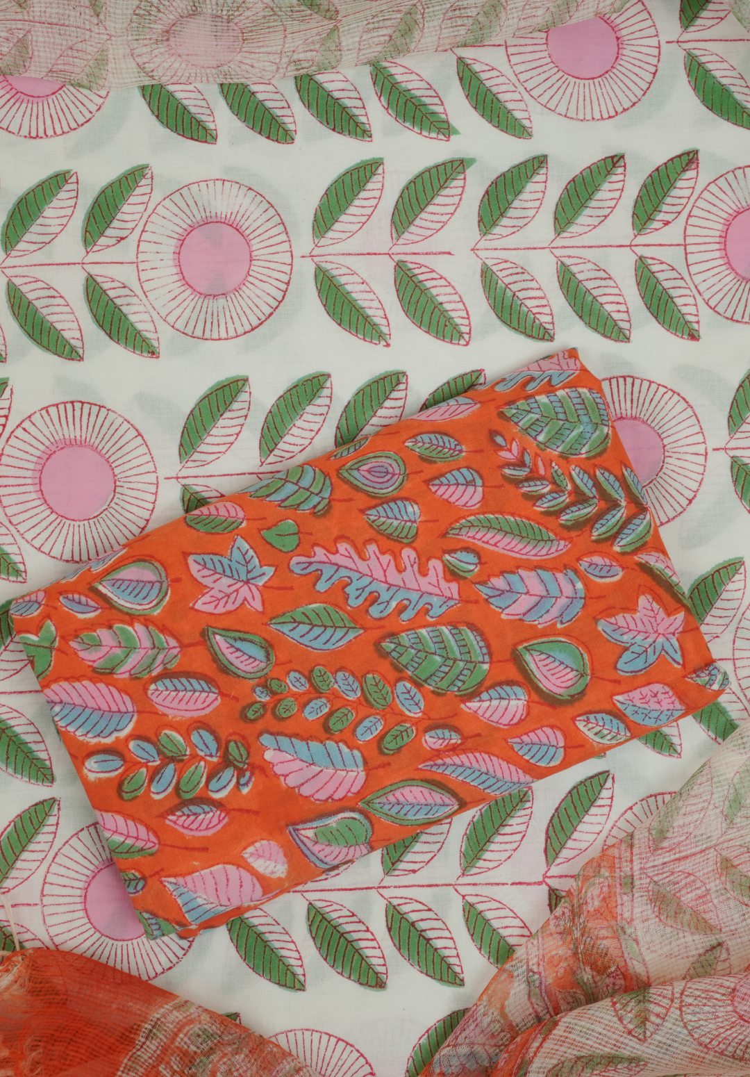 Burnt Orange Hand Block Printed Cotton Suit Set with Kota Doria Dupatta