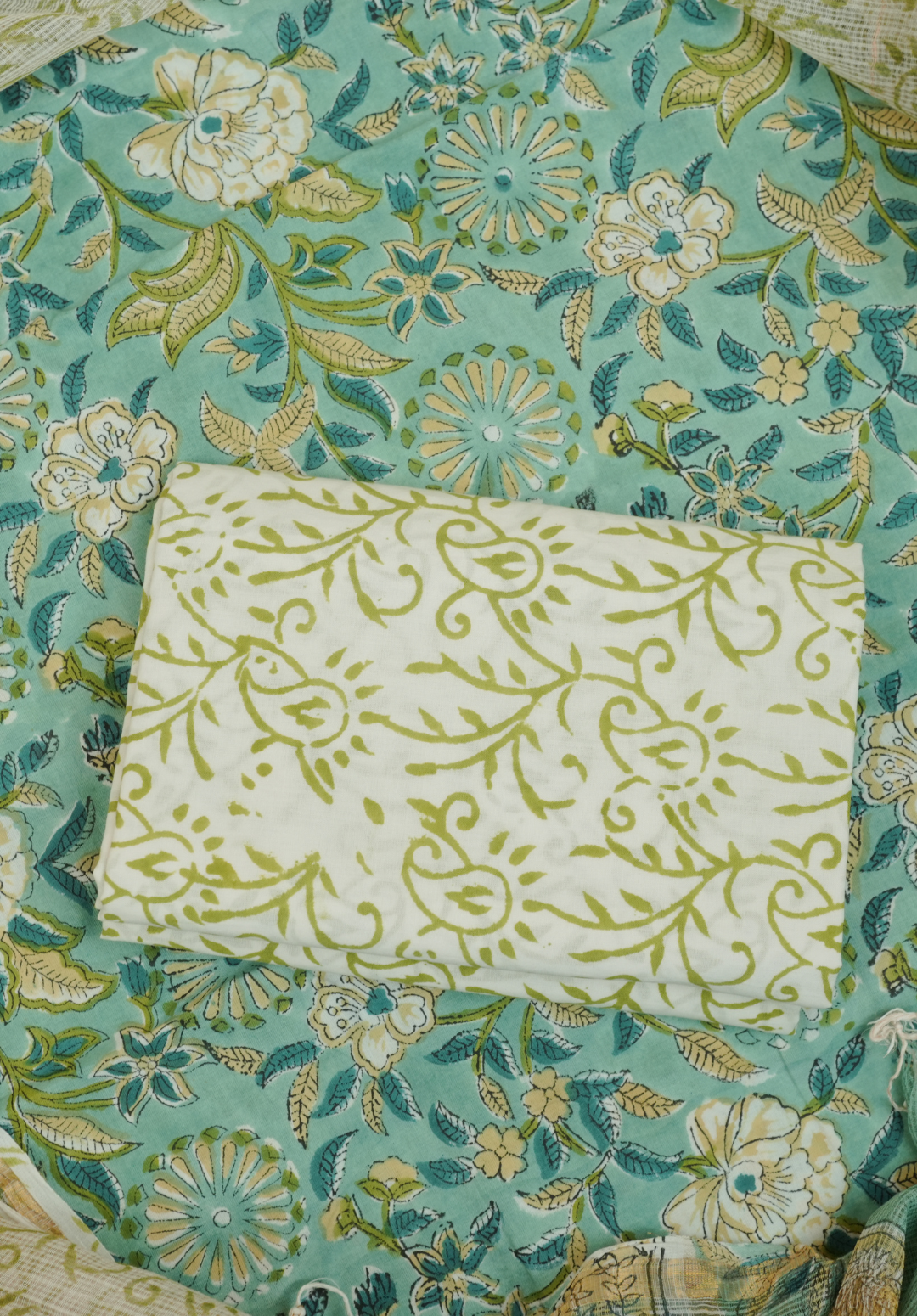 Seafoam Green Hand Block Printed Cotton Suit Set with Kota Doria Dupatta