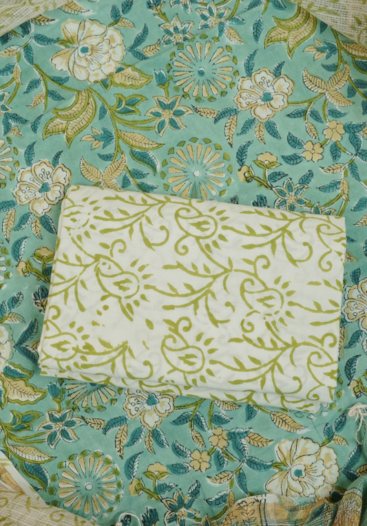 Seafoam Green Hand Block Printed Cotton Suit Set with Kota Doria Dupatta