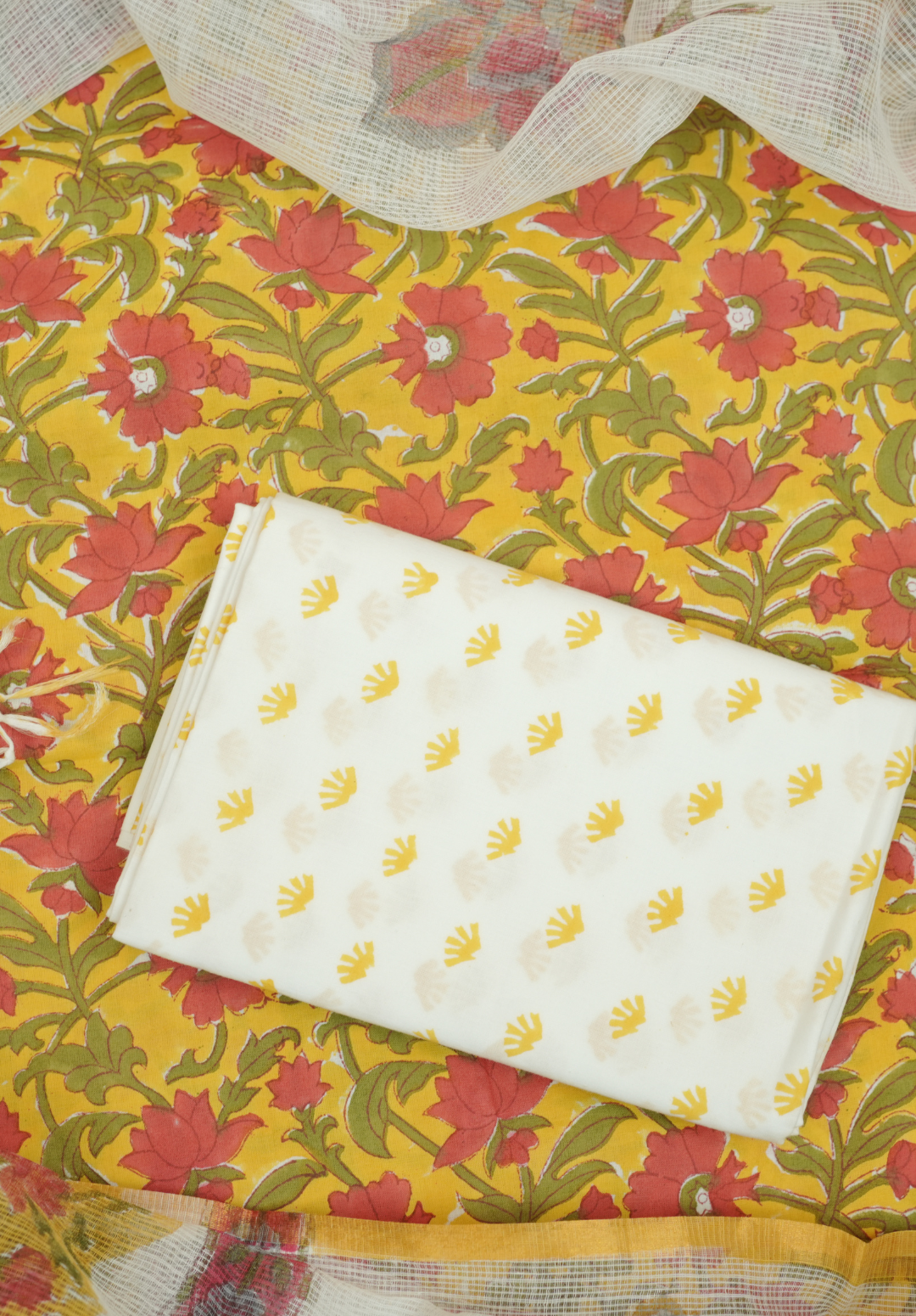 Mustard Yellow Hand Block Printed Cotton Suit Set with Kota Doria Dupatta & Zari Border