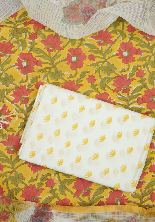 Mustard Yellow Hand Block Printed Cotton Suit Set with Kota Doria Dupatta & Zari Border