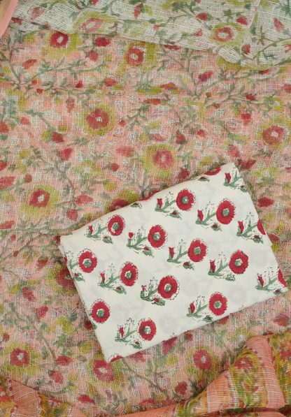 Peach Coral Hand Block Printed Kota Doria Suit Set
