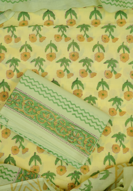 Lemon Yellow Hand Block Printed Cotton Suit Set (3-Piece)