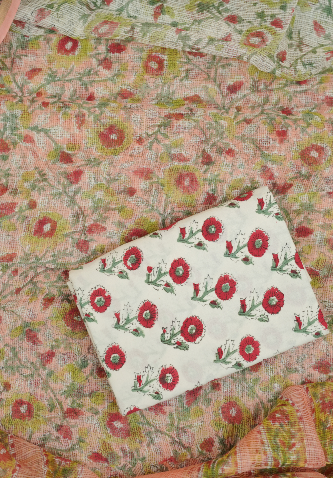 Peach Coral Kota Doria Hand Block Printed Suit Set with Zari Border Dupatta