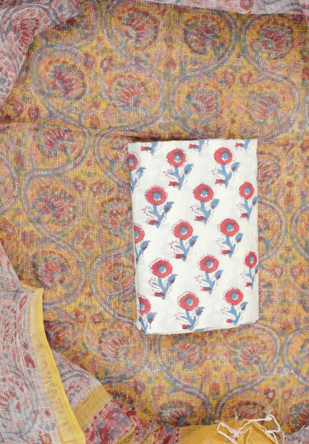 Mustard Yellow Kota Doria Hand Block Printed Suit Set with Zari Border Dupatta