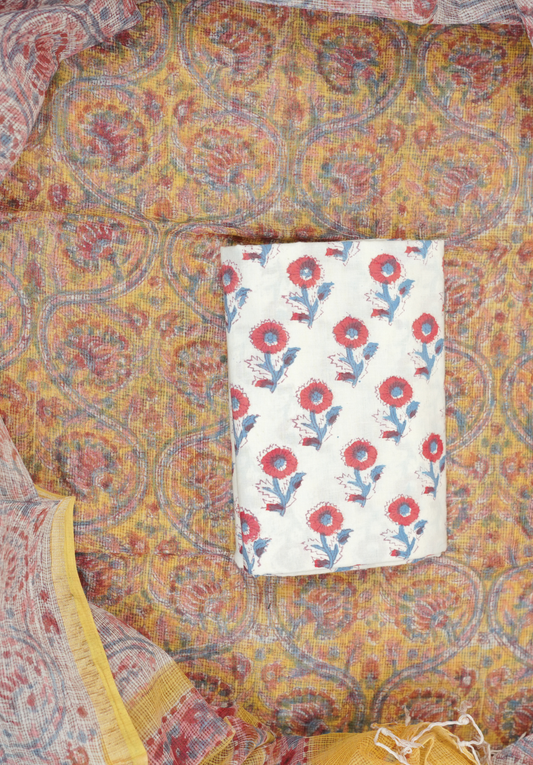 Mustard Yellow Kota Doria Hand Block Printed Suit Set with Zari Border Dupatta