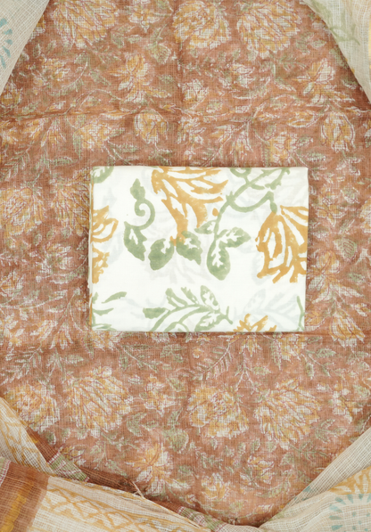 Rustic Brown Kota Doria Hand Block Printed Suit Set with Zari Border Dupatta