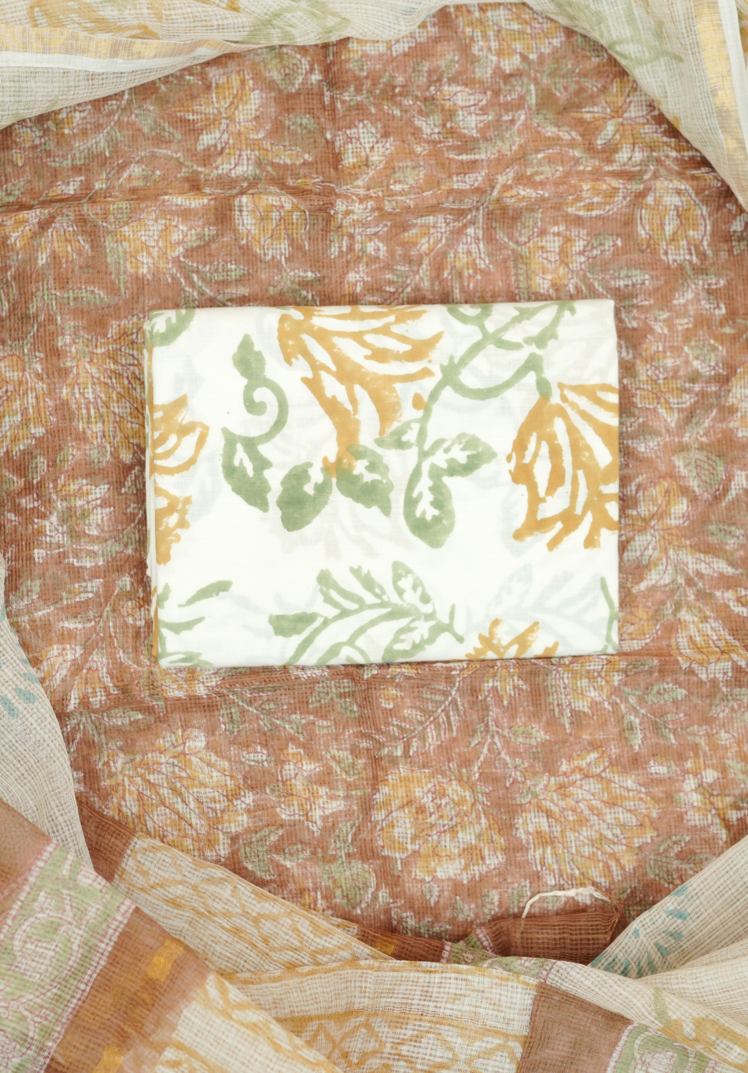 Rustic Brown Kota Doria Hand Block Printed Suit Set with Zari Border Dupatta