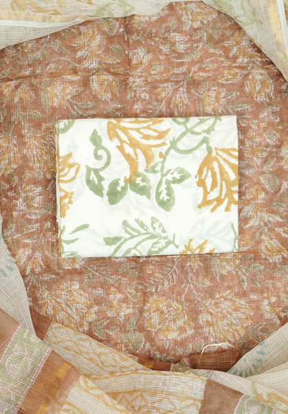 Rustic Brown Kota Doria Hand Block Printed Suit Set with Zari Border Dupatta