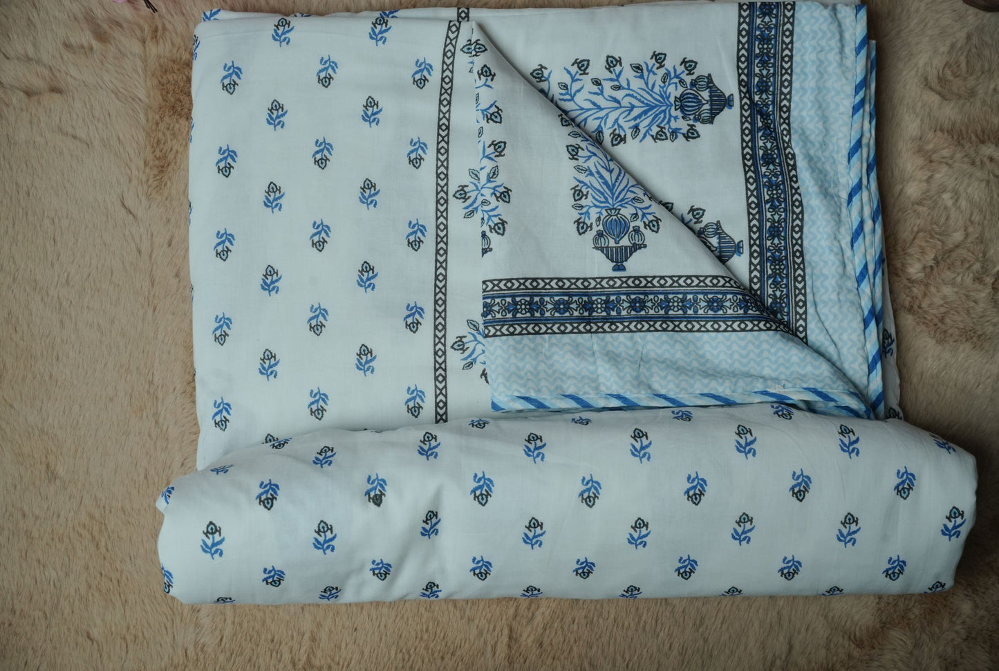 Blue Hand Block Printed King Bedsheet with Reversible Dohar Set
